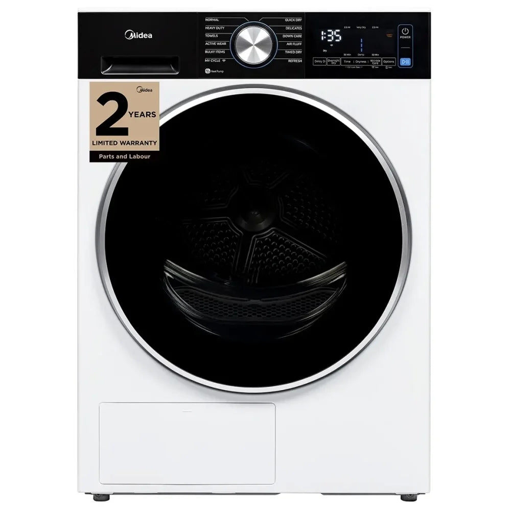 Midea MLHE31S2BBW Electric Dryer, 4.4 cu. ft. Dryer Capacity, 12 Dry Cycles, 4 Temperature Settings, Ventless, Stackable, Wifi Enabled, White colour Ventless (Heat Pump)