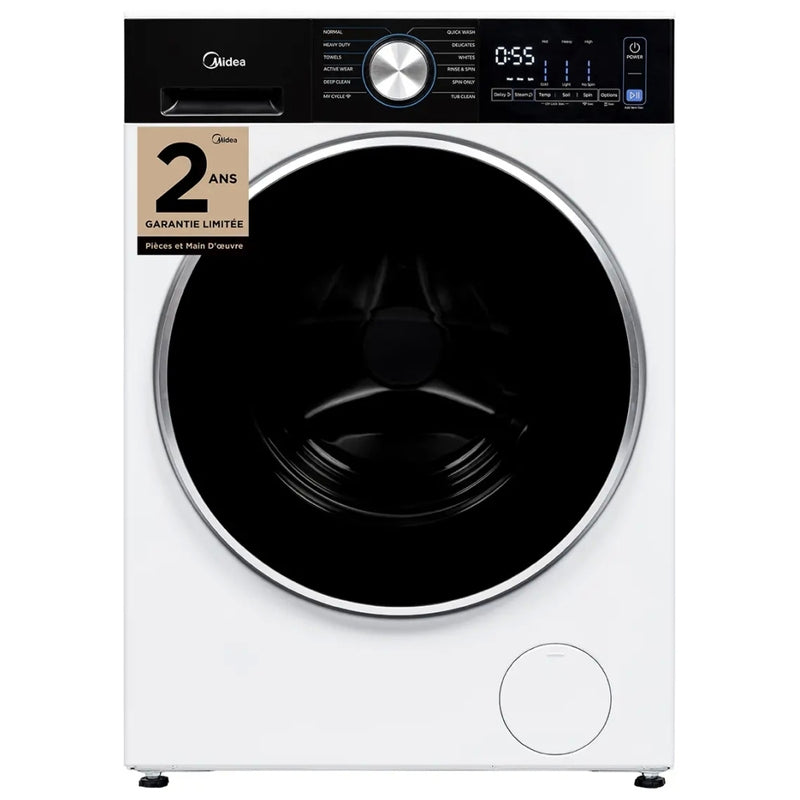 Midea MLHW31S2BBW Front Load Washer, 24 inch Width, 2.7 cu. ft. Washer Capacity, 1,320 RPM Washer Spin Speed, 12 Wash Cycles, 4 Temperature Settings, Water Heater, Steam Clean, ENERGY STAR Certified, White colour Hoses Included