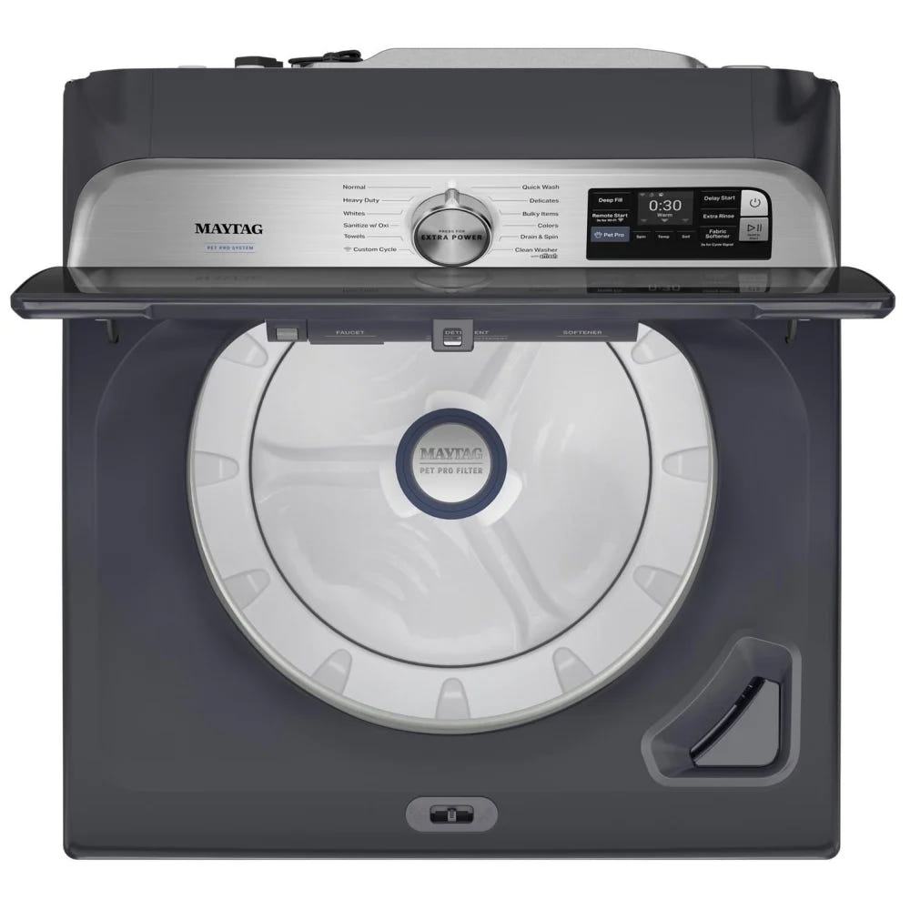 Maytag MTW7205RF 顶部装载洗衣机，6.0 立方英尺洗衣机容量，12 种洗涤程序，5 种温度设置，750 RPM 洗衣机转速，搅拌器，支持 Wifi，午夜钢色