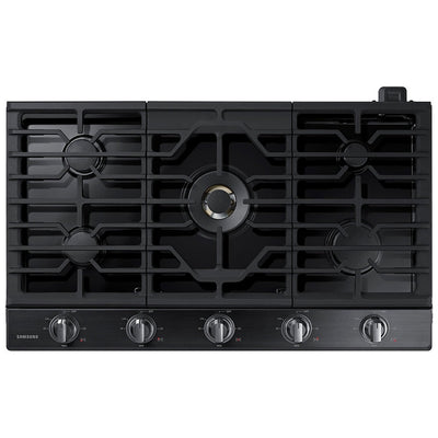 Samsung NA36N7755TG Gas Cooktop, 36 inch Exterior Width, 5 Burners, 22,000 BTU Highest Burner, Black Stainless Steel colour Wok Grate, Illuminated Knob
