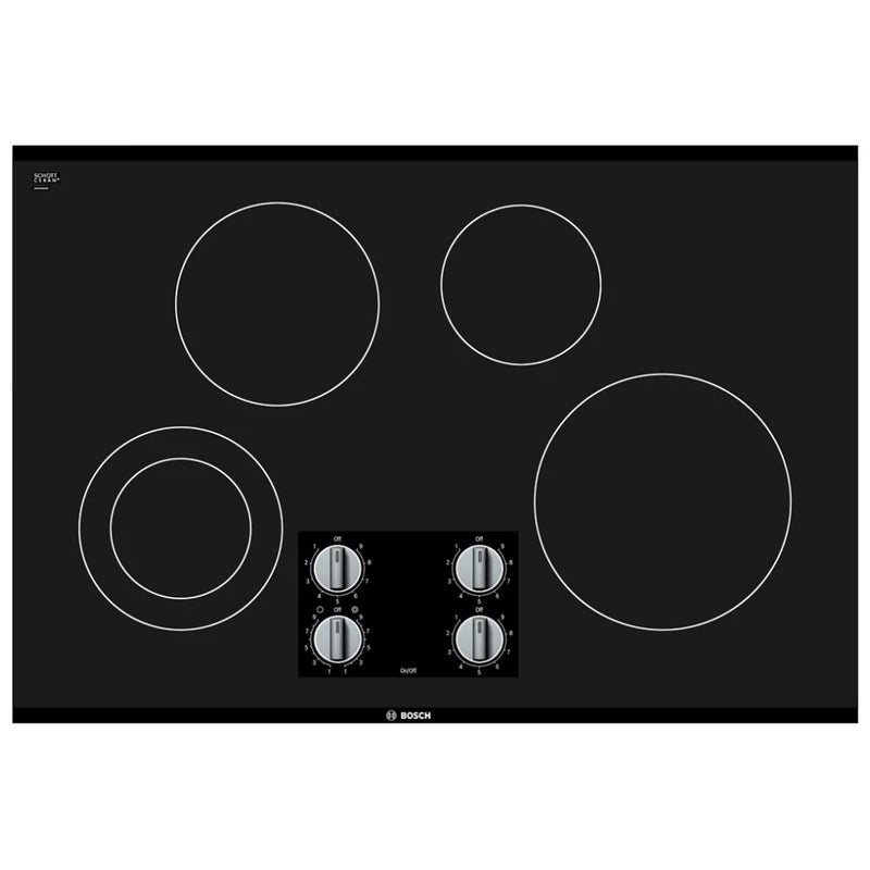 Bosch 500 Series NEM5066UC Electric Cooktop, 30 inch Exterior Width, 4 Burners, 2,500 W Highest Element, Black colour