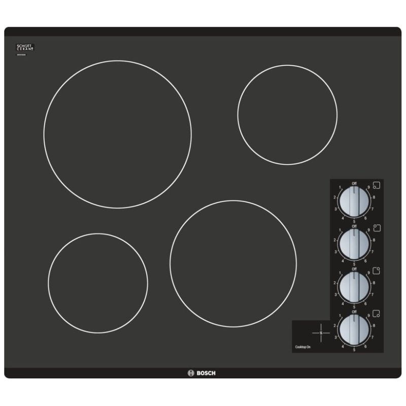 Bosch 500 Series NEM5466UC Electric Cooktop, 24 inch Exterior Width, 4 Burners, 2,200 W Highest Element, Black colour