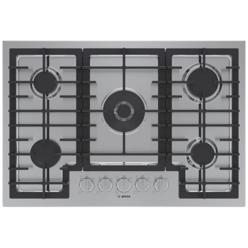Bosch 800 Series NGM8059UC Gas Cooktop, 30 inch Exterior Width, 5 Burners, 17,000 BTU Highest Burner, Stainless Steel colour