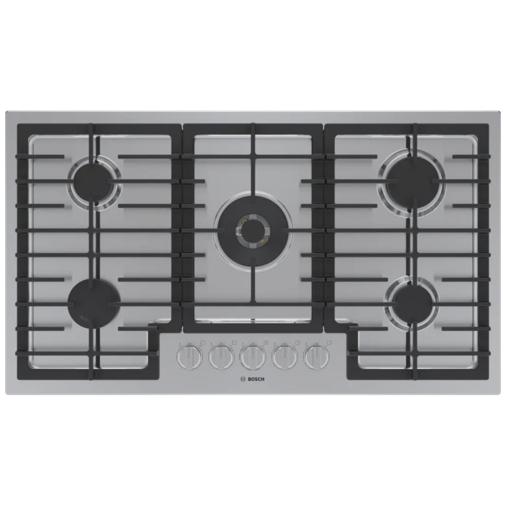 Bosch 800 Series NGM8659UC Gas Cooktop, 36 inch Exterior Width, 5 Burners, 17,000 BTU Highest Burner, Stainless Steel colour