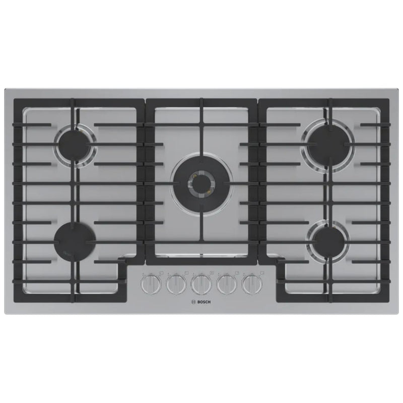 Bosch 800 Series NGM8659UC Gas Cooktop, 36 inch Exterior Width, 5 Burners, 17,000 BTU Highest Burner, Stainless Steel colour