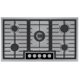 Bosch Benchmark Series NGMP659UC Gas Cooktop, 36 inch Exterior Width, 5 Burners, 6,000 BTU Highest Burner, Stainless Steel colour