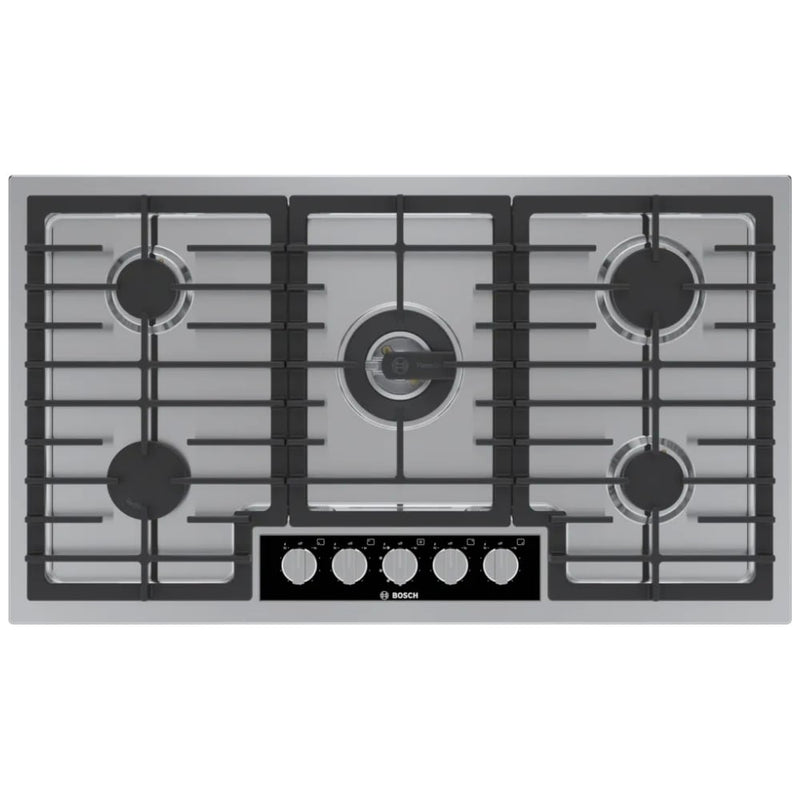 Bosch Benchmark Series NGMP659UC Gas Cooktop, 36 inch Exterior Width, 5 Burners, 6,000 BTU Highest Burner, Stainless Steel colour