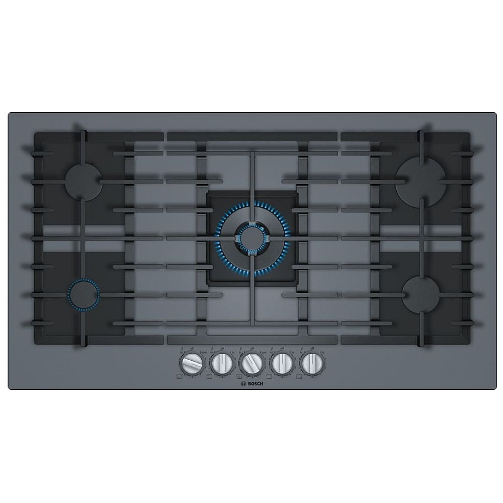Bosch Benchmark Series NGMP677UC Gas Cooktop, 36 inch Exterior Width, 5 Burners, 14,300 BTU Highest Burner, Dark Silver colour