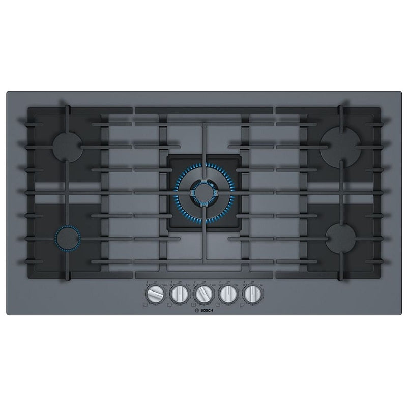 Bosch Benchmark Series NGMP677UC Gas Cooktop, 36 inch Exterior Width, 5 Burners, 14,300 BTU Highest Burner, Dark Silver colour