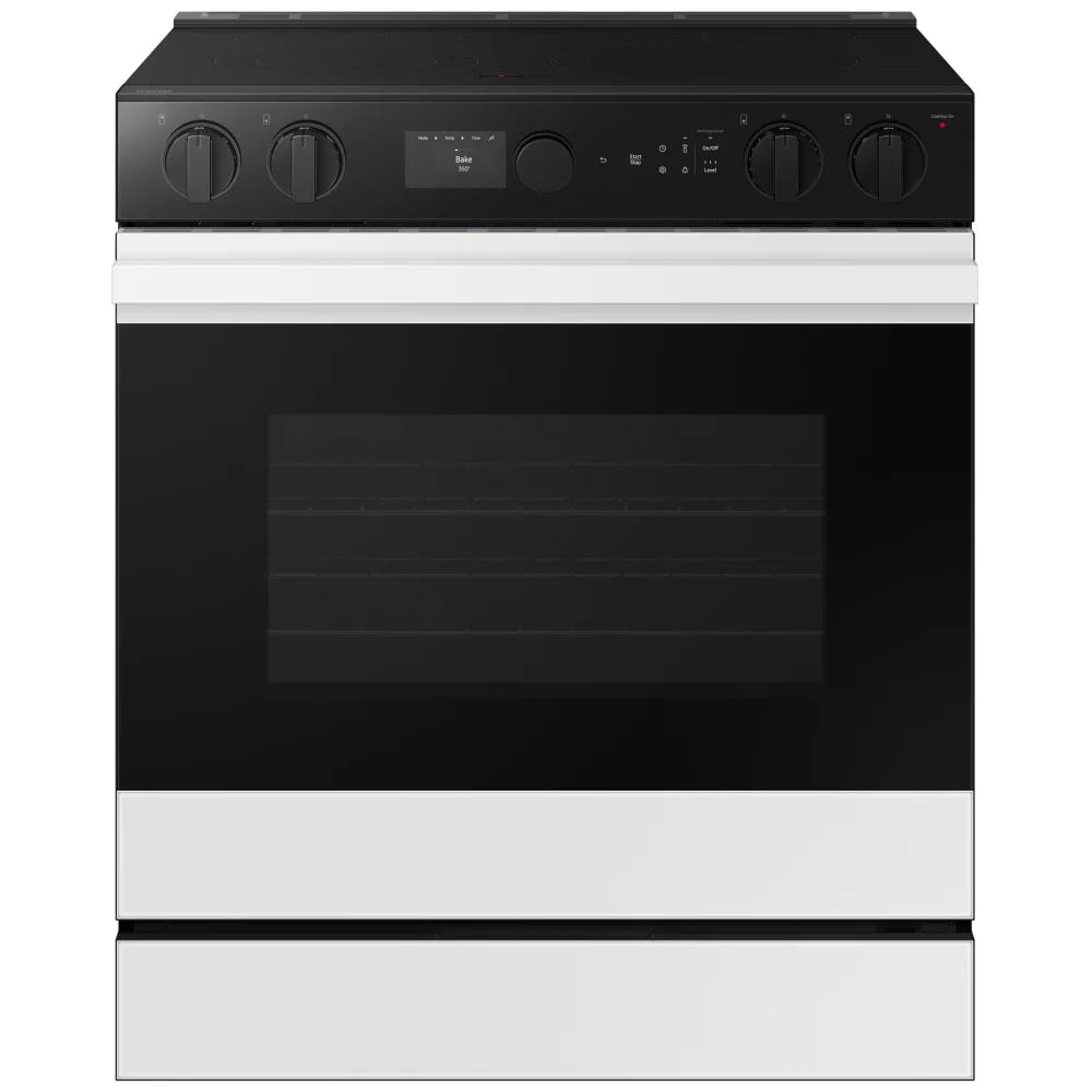 Samsung Bespoke NSE6DB850012AC Electric Range, 6.3 cu. ft. Capacity, 30 inch Exterior Width, Convection, 5 Burners, Storage Drawer, & , Self Clean, 3,600 Watts Highest Burner Element, White colour True European Convection