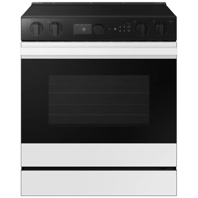 Samsung Bespoke NSE6DB850012AC Electric Range, 6.3 cu. ft. Capacity, 30 inch Exterior Width, Convection, 5 Burners, Storage Drawer, & , Self Clean, 3,600 Watts Highest Burner Element, White colour True European Convection