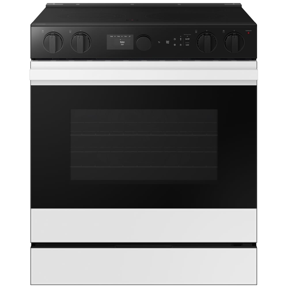 Samsung Bespoke NSE6DB850012AC Electric Range, 6.3 cu. ft. Capacity, 30 inch Exterior Width, Convection, 5 Burners, Storage Drawer, Yes, Self Clean, 3,600 W Highest Element, White colour
