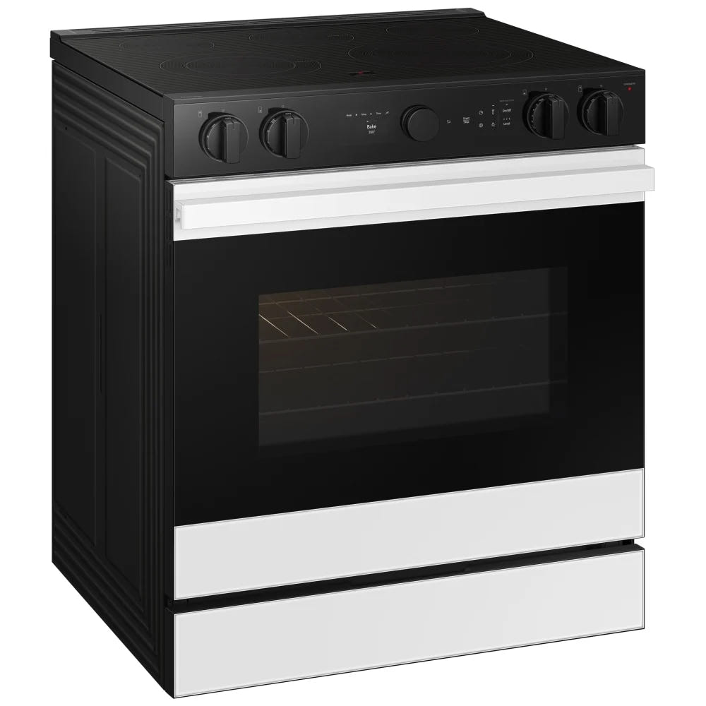 Samsung Bespoke NSE6DB850012AC Electric Range, 6.3 cu. ft. Capacity, 30 inch Exterior Width, Convection, 5 Burners, Storage Drawer, & , Self Clean, 3,600 Watts Highest Burner Element, White colour True European Convection