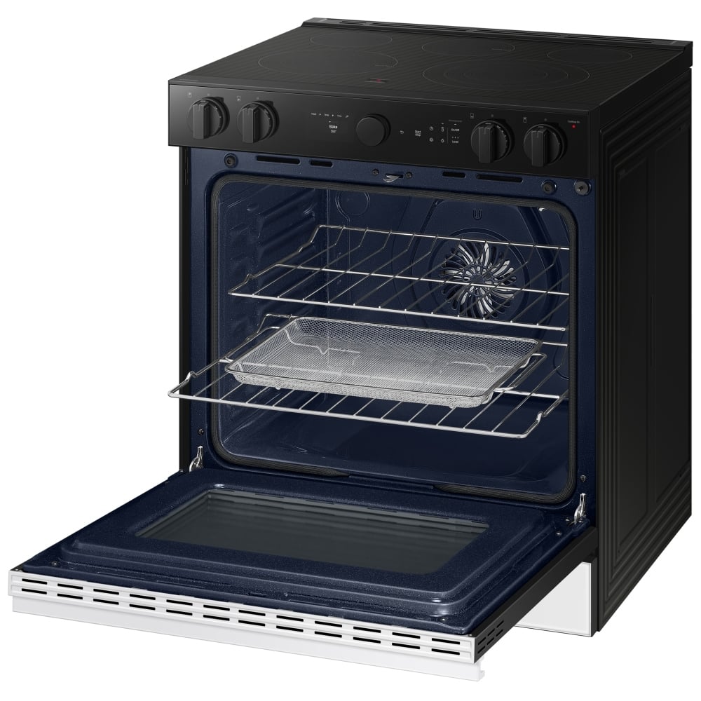 Samsung Bespoke NSE6DB850012AC Electric Range, 6.3 cu. ft. Capacity, 30 inch Exterior Width, Convection, 5 Burners, Storage Drawer, & , Self Clean, 3,600 Watts Highest Burner Element, White colour True European Convection