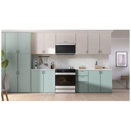 Samsung NSE6DB870012AC Electric Range, 6.3 cu. ft. Capacity, 30 inch Exterior Width, Convection, 5 Burners, Storage Drawer, Air Fry, Self Clean, 3,600 Watts Highest Burner Element, White Glass: colour True European Convection