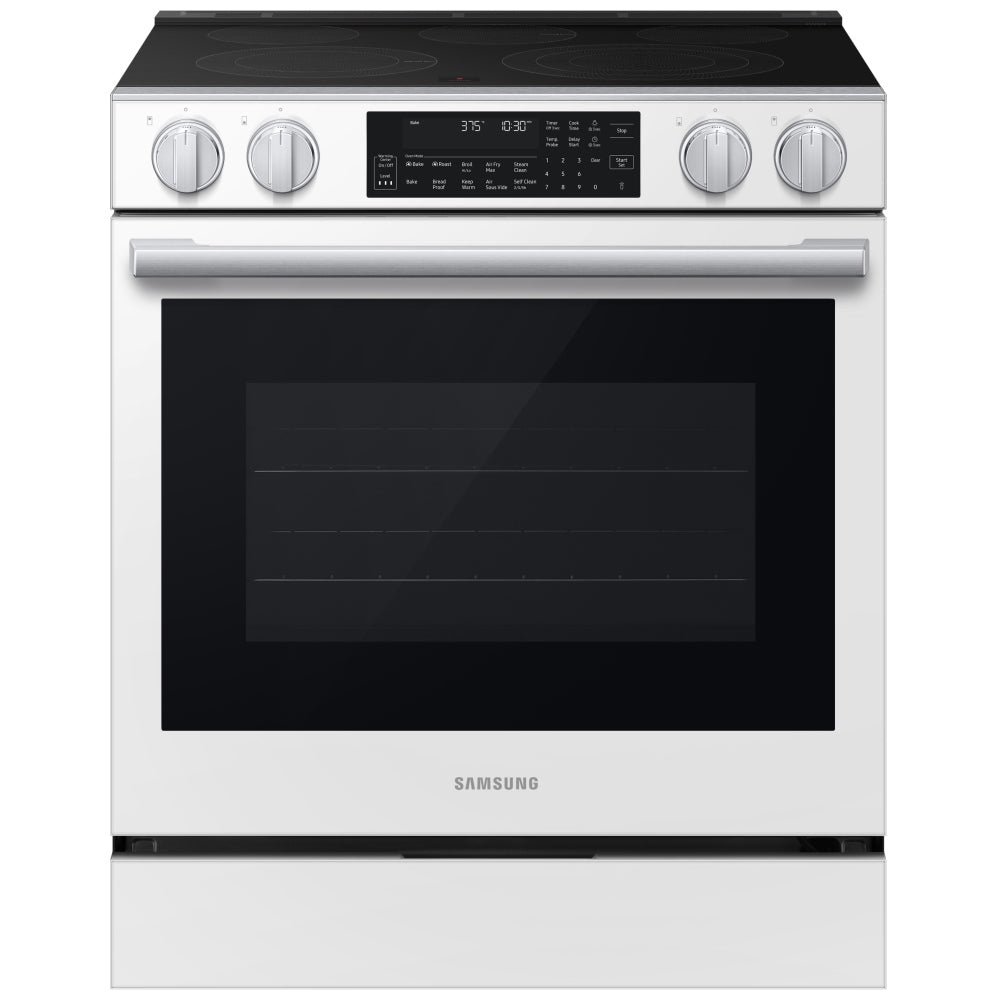 Samsung NSE90H63SWAC Electric Range, 6.3 cu. ft. Capacity, 30 inch Exterior Width, True Convection, 5 Burners, Storage Drawer, & , Self Clean, 3,600 W Highest Element, White colour, Express Boil™, SmartThings™