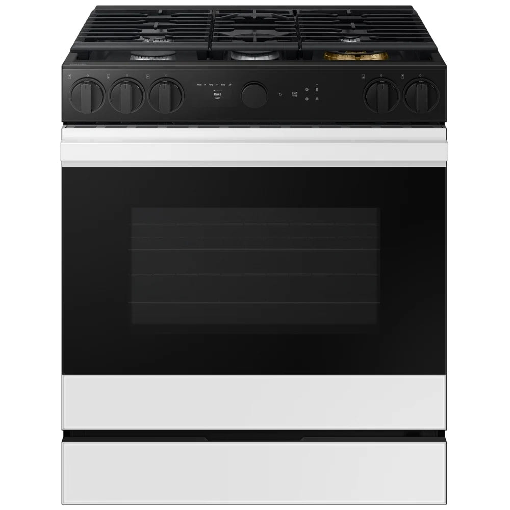 Samsung Bespoke NSG6DB870012AA Gas Range, 6 cu. ft. Capacity, 30 inch Exterior Width, Self Clean, True Convection, 5 Burners, Storage Drawer, & , 23,000 BTU Highest Burner, White Glass: colour Smart Oven Camera