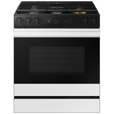 Samsung Bespoke NSG6DB870012AA Gas Range, 6 cu. ft. Capacity, 30 inch Exterior Width, Self Clean, True Convection, 5 Burners, Storage Drawer, & , 23,000 BTU Highest Burner, White Glass: colour Smart Oven Camera