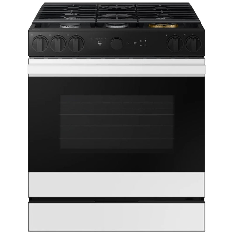 Samsung Bespoke NSG6DB870012AA Gas Range, 6 cu. ft. Capacity, 30 inch Exterior Width, Self Clean, True Convection, 5 Burners, Storage Drawer, Yes, 23,000 BTU Highest Burner, White Glass: colour