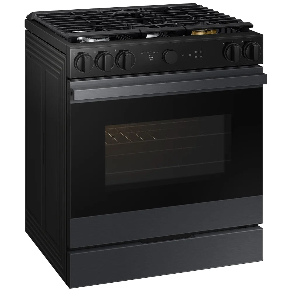 Samsung Bespoke NSG6DG8500MTAA Gas Range, 6 cu. ft. Capacity, 30 inch Exterior Width, Self Clean, True Convection, 5 Burners, Storage Drawer, & , 18,000 BTU Highest Burner, Black Matte Steel colour Aluminum Griddle,