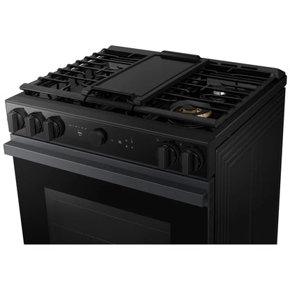 Samsung Bespoke NSG6DG8500MTAA Gas Range, 6 cu. ft. Capacity, 30 inch Exterior Width, Self Clean, True Convection, 5 Burners, Storage Drawer, & , 18,000 BTU Highest Burner, Black Matte Steel colour Aluminum Griddle,