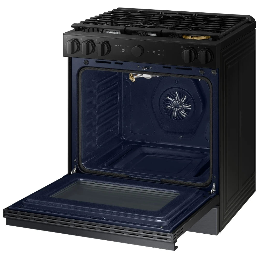 Samsung Bespoke NSG6DG8500MTAA Gas Range, 6 cu. ft. Capacity, 30 inch Exterior Width, Self Clean, True Convection, 5 Burners, Storage Drawer, & , 18,000 BTU Highest Burner, Black Matte Steel colour Aluminum Griddle,