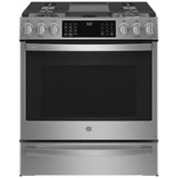 GE Profile PC2S930YPFS Dual Fuel Range, 5.6 cu. ft. Capacity, 30 inch Exterior Width, True Convection, 5 Burners, Storage Drawer, Yes, Self Clean, Stainless Steel colour