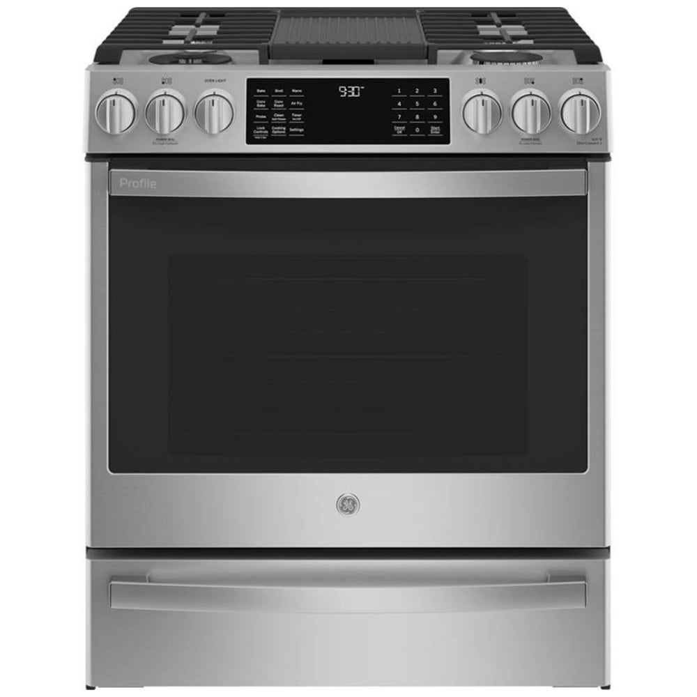 GE Profile PC2S930YPFS Dual Fuel Range, 5.6 cu. ft. Capacity, 30 inch Exterior Width, True Convection, 5 Burners, Storage Drawer, Yes, Self Clean, Stainless Steel colour