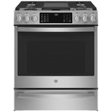 GE Profile PC2S930YPFS Dual Fuel Range, 5.6 cu. ft. Capacity, 30 inch Exterior Width, True Convection, 5 Burners, Storage Drawer, Yes, Self Clean, Stainless Steel colour