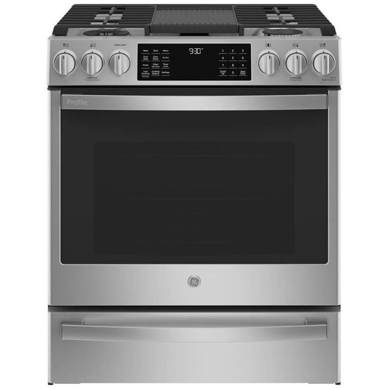 GE Profile PC2S930YPFS Dual Fuel Range, 5.6 cu. ft. Capacity, 30 inch Exterior Width, True Convection, 5 Burners, Storage Drawer, Yes, Self Clean, Stainless Steel colour