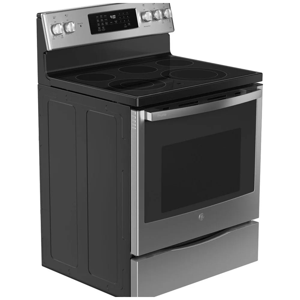 GE PCB900YVFS 电炉，6.2 立方英尺容量，30 英寸外部宽度，自清洁，对流，5 个燃烧器，储物抽屉，空气炸锅，1 个烤箱，S 色