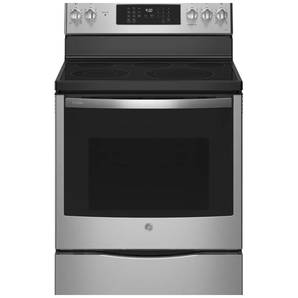 GE PCB900YVFS 电炉，6.2 立方英尺容量，30 英寸外部宽度，自清洁，对流，5 个燃烧器，储物抽屉，空气炸锅，1 个烤箱，S 色