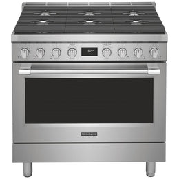 Frigidaire Professional PCFD3670AF Dual Fuel Range, 4.4 cu. ft. Capacity, 36 inch Exterior Width, Dual Fan True Convection, 6 Burners, Air Fry, Self Clean, Stainless Steel colour