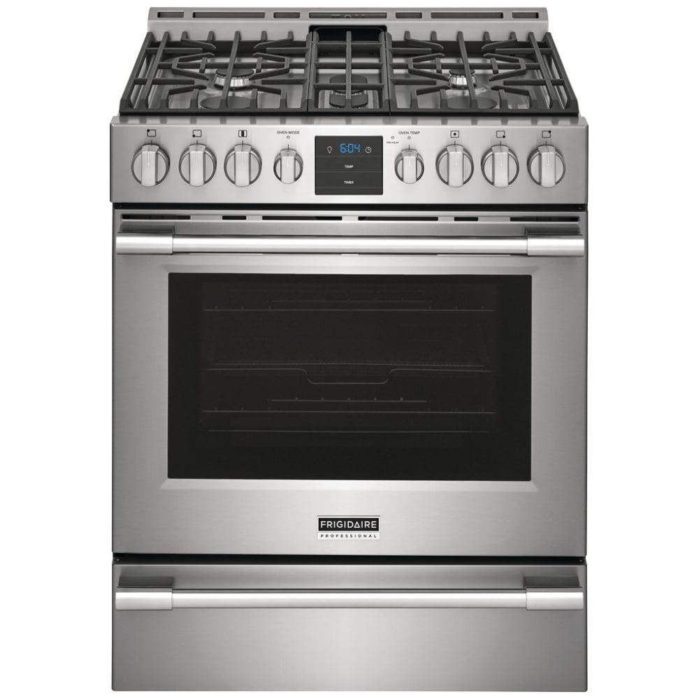 Frigidaire Professional PCFG3078AF Gas Range, 5.6 cu. ft. Capacity, 30 inch Exterior Width, Self Clean, Convection, 5 Burners, Storage Drawer, Air Fry, 18,000 BTU Highest Burner, Stainless Steel colour Air Fry tray included, True European Convection