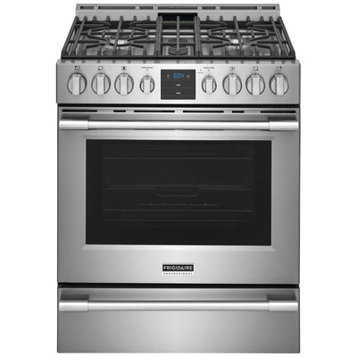 Frigidaire Professional PCFG3078AF Gas Range, 5.6 cu. ft. Capacity, 30 inch Exterior Width, Self Clean, Convection, 5 Burners, Storage Drawer, Air Fry, 18,000 BTU Highest Burner, Stainless Steel colour Air Fry tray included, True European Convection