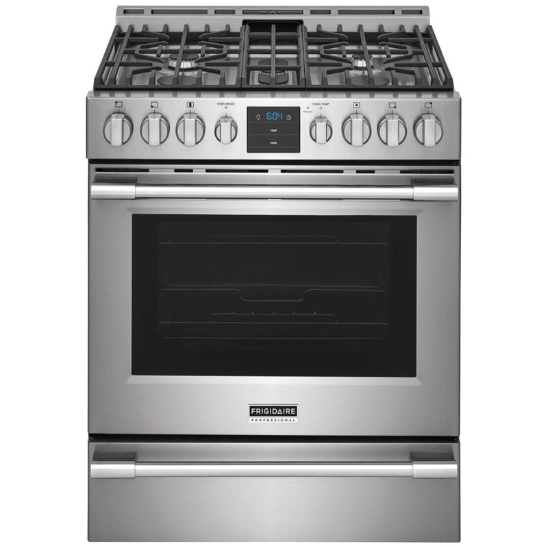 Frigidaire Professional PCFG3078AF Gas Range, 5.6 cu. ft. Capacity, 30 inch Exterior Width, Self Clean, Convection, 5 Burners, Storage Drawer, Air Fry, 18,000 BTU Highest Burner, Stainless Steel colour Air Fry tray included, True European Convection