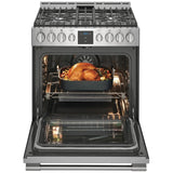 Frigidaire Professional PCFG3078AF Gas Range, 5.6 cu. ft. Capacity, 30 inch Exterior Width, Self Clean, Convection, 5 Burners, Storage Drawer, Air Fry, 18,000 BTU Highest Burner, Stainless Steel colour Air Fry tray included, True European Convection