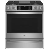 GE Profile PCGS930YPFS Gas Range, 5.6 cu. ft. Capacity, 30 inch Exterior Width, Self Clean, True Convection, 5 Burners, Storage Drawer, Yes, 21,000 BTU Highest Burner, Stainless Steel colour