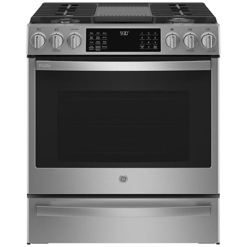 GE Profile PCGS930YPFS Gas Range, 5.6 cu. ft. Capacity, 30 inch Exterior Width, Self Clean, True Convection, 5 Burners, Storage Drawer, Yes, 21,000 BTU Highest Burner, Stainless Steel colour