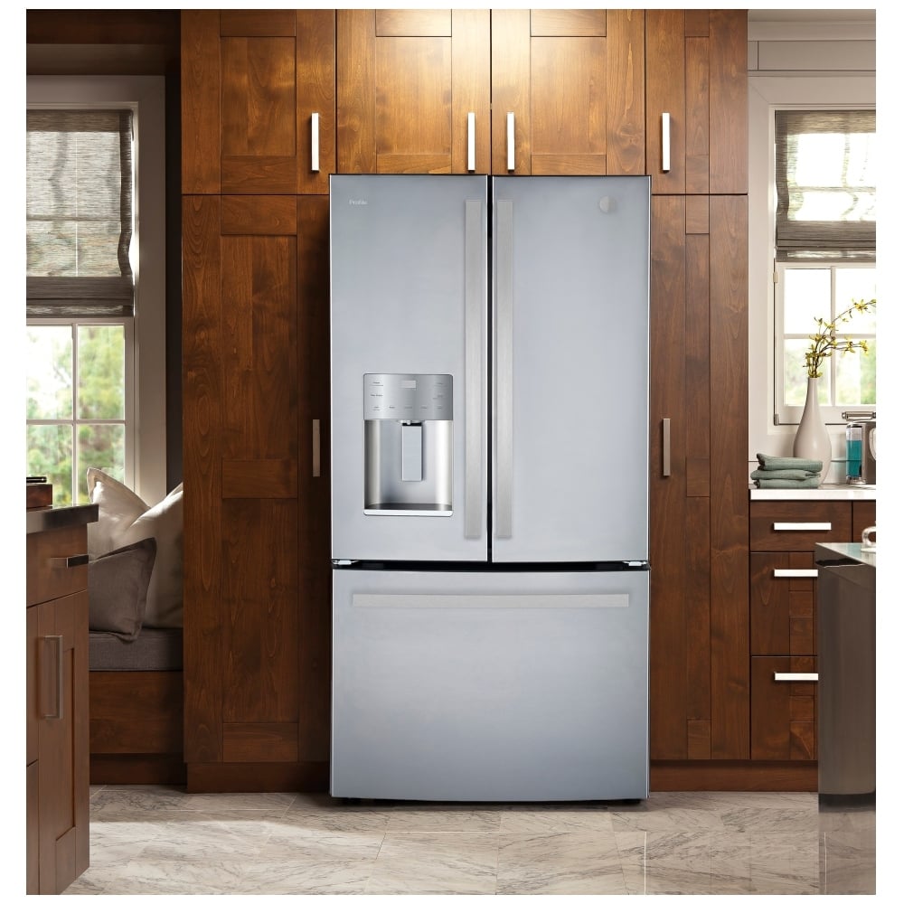 GE Profile PFE24HYRCFS Bottom Freezer French Door Refrigerator, 33 inch Width, 24.8 cu. ft. Capacity, Water Dispenser (Exterior), Ice Dispenser (Thru Door), ENERGY STAR Certified, Stainless Steel colour