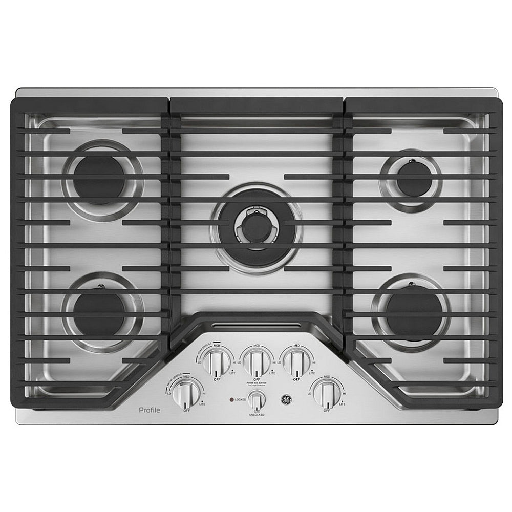 GE Profile PGP9030SLSS Gas Cooktop, 30 inch Exterior Width, 5 Burners, 18,000 BTU Highest Burner, Stainless Steel colour