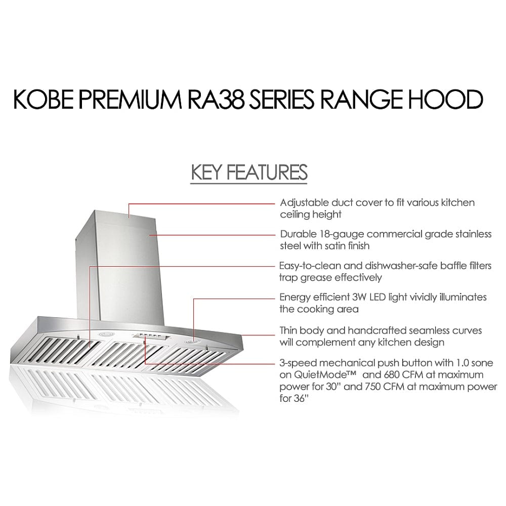 Kobe RA3836SQB-WM-1 Range Hood, 36 inch Exterior Width, Chimney, Wall Mounted, 680 / 750 CFM