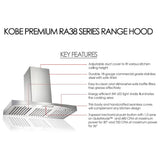 Kobe RA3836SQB-WM-1 Range Hood, 36 inch Exterior Width, Chimney, Wall Mounted, 680 / 750 CFM