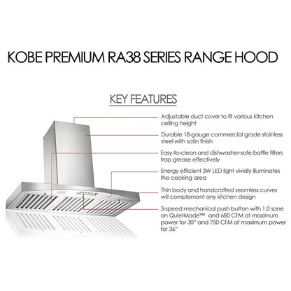 Kobe RA3836SQB-WM-1 Range Hood, 36 inch Exterior Width, Chimney, Wall Mounted, 680 / 750 CFM