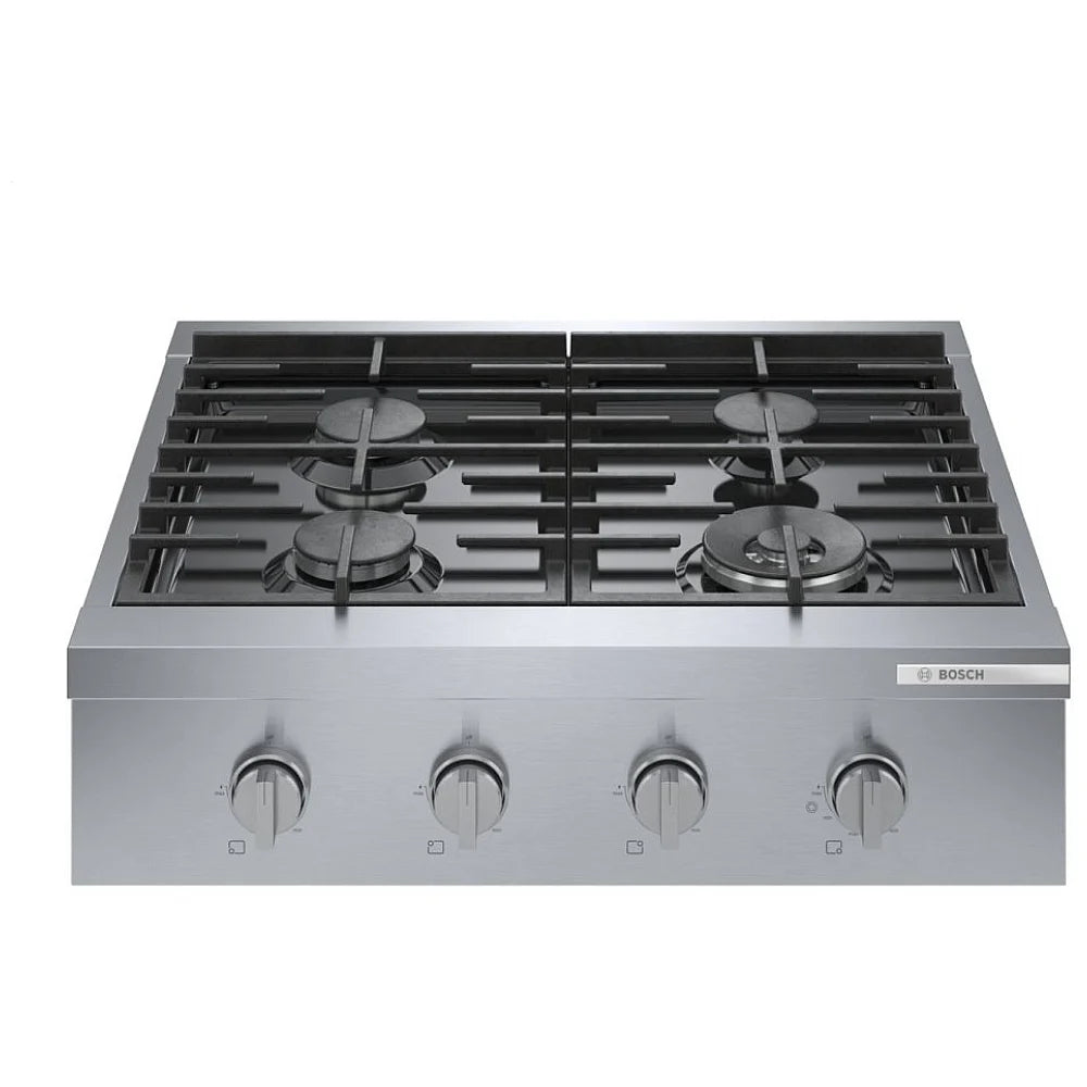 Bosch 800 Series 30" Gas Rangetop, 4 Burners, Stainless Steel, Canada (front view)