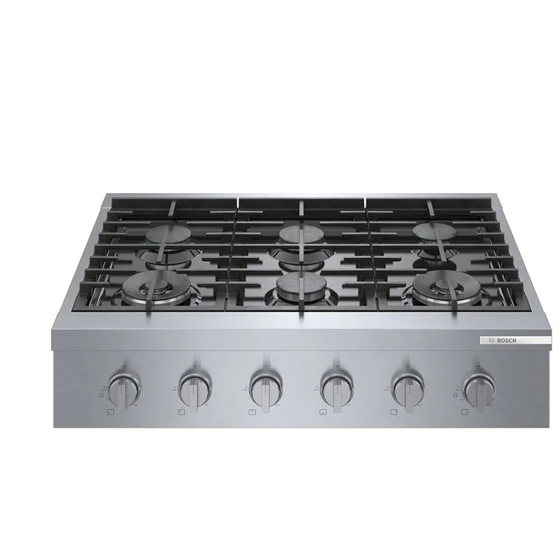 Bosch 800 Series RGM8658UC Gas Cooktop, 36 inch Exterior Width, 6 Burners, 18,000 BTU Highest Burner, Stainless Steel colour