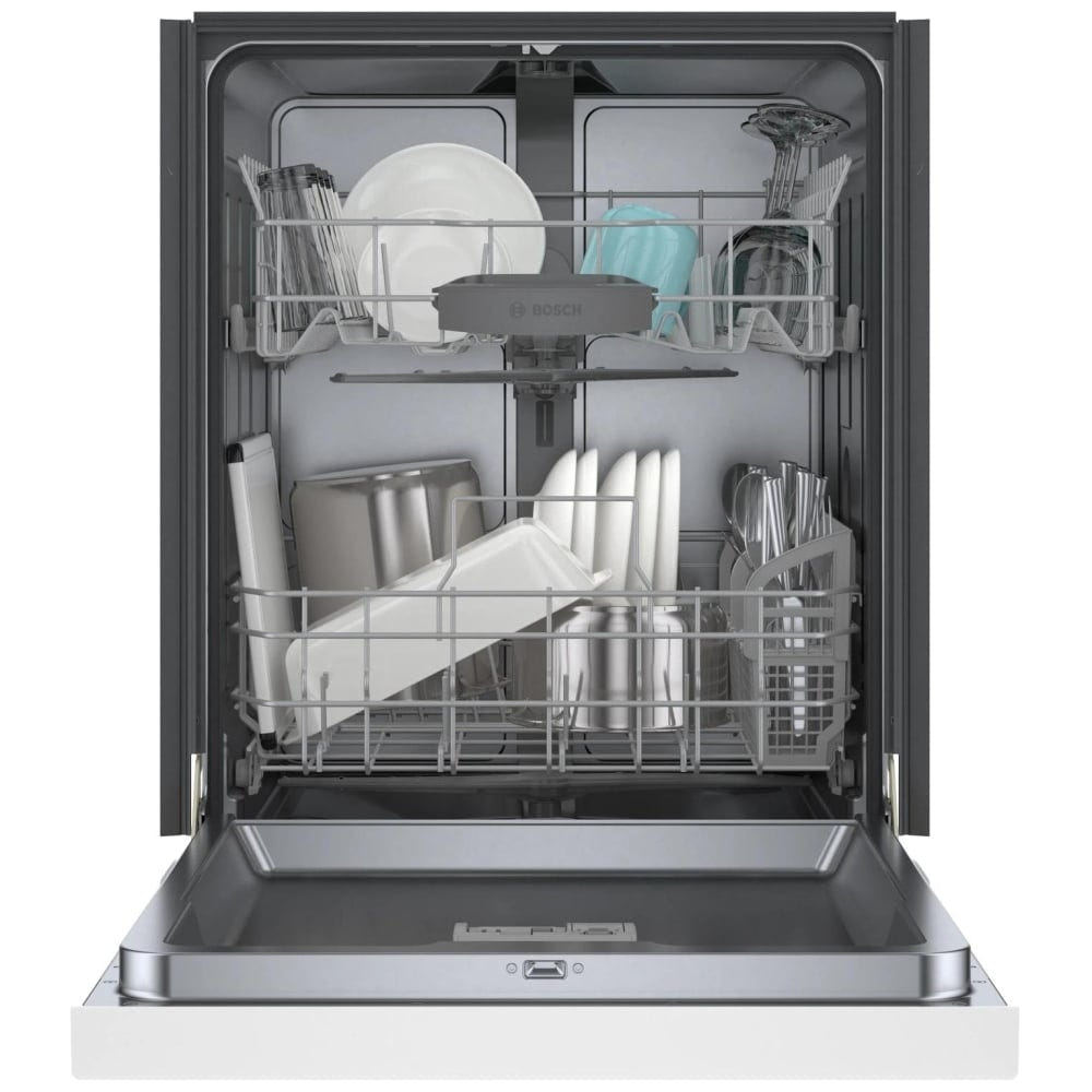 Bosch 100 Series SHE41CM2N Dishwasher, 24 inch Exterior Width, 48 dB Decibel Level, Full Console, Stainless Steel (Interior), 8 Wash Cycles, 12 Capacity (Place Settings), Wifi Enabled, White colour