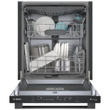 Bosch 100 Series SHX5AEM4N Dishwasher, 24 inch Exterior Width, 46 dB Decibel Level, Fully Integrated, Stainless Interior, 5 Wash Cycles, 15 Capacity (Place Settings), 3 Loading Racks, Wifi Enabled, Black Stainless Steel colour