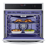 LG 4.7 cu. ft. Smart Single Wall Oven with Convection and Air Fry WSEP4723F front open view and food