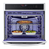 LG 4.7 cu. ft. Smart Single Wall Oven with Convection and Air Fry WSEP4723F front open view and food